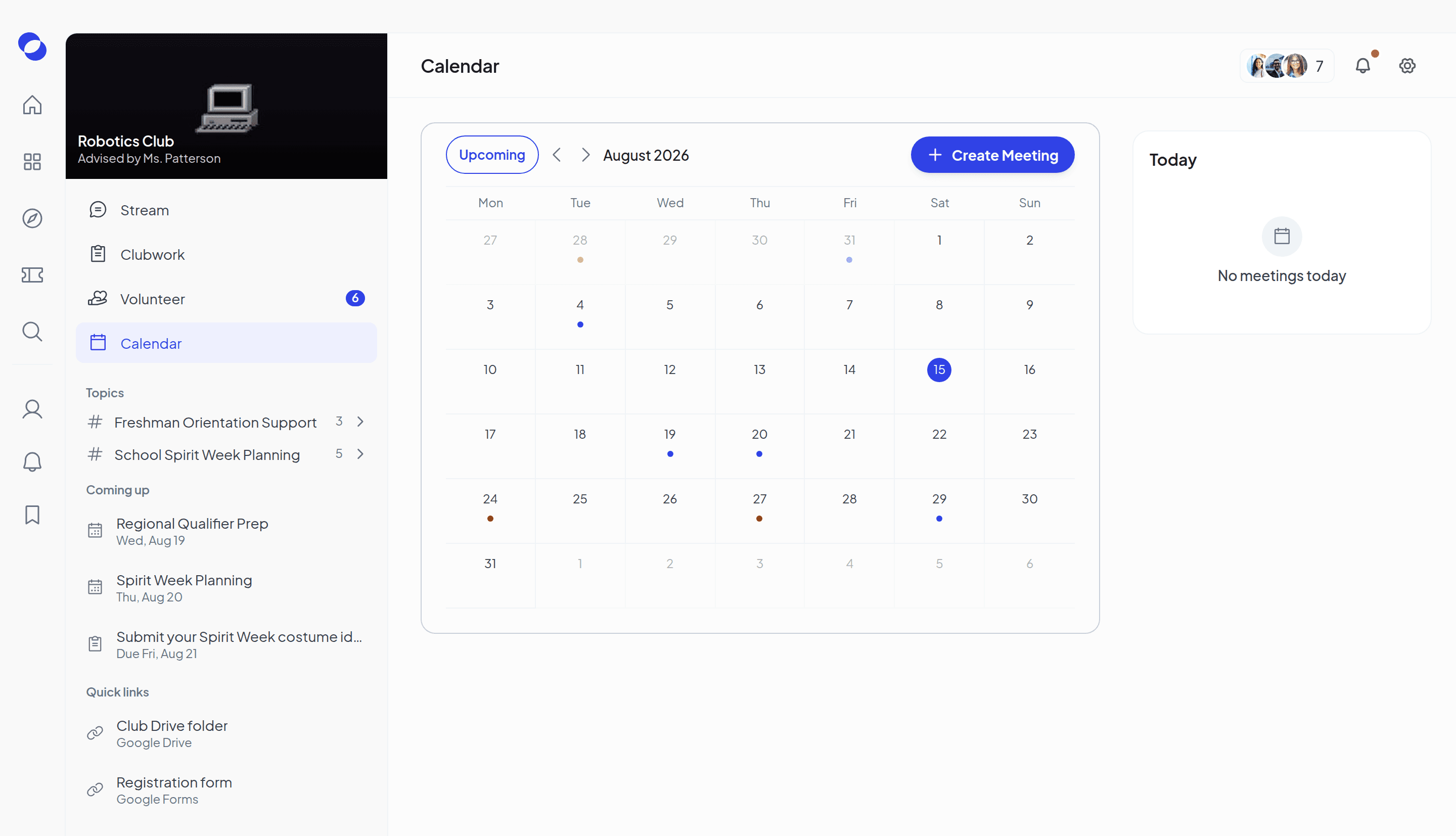 The club calendar, with meeting days marked and a Create Meeting button