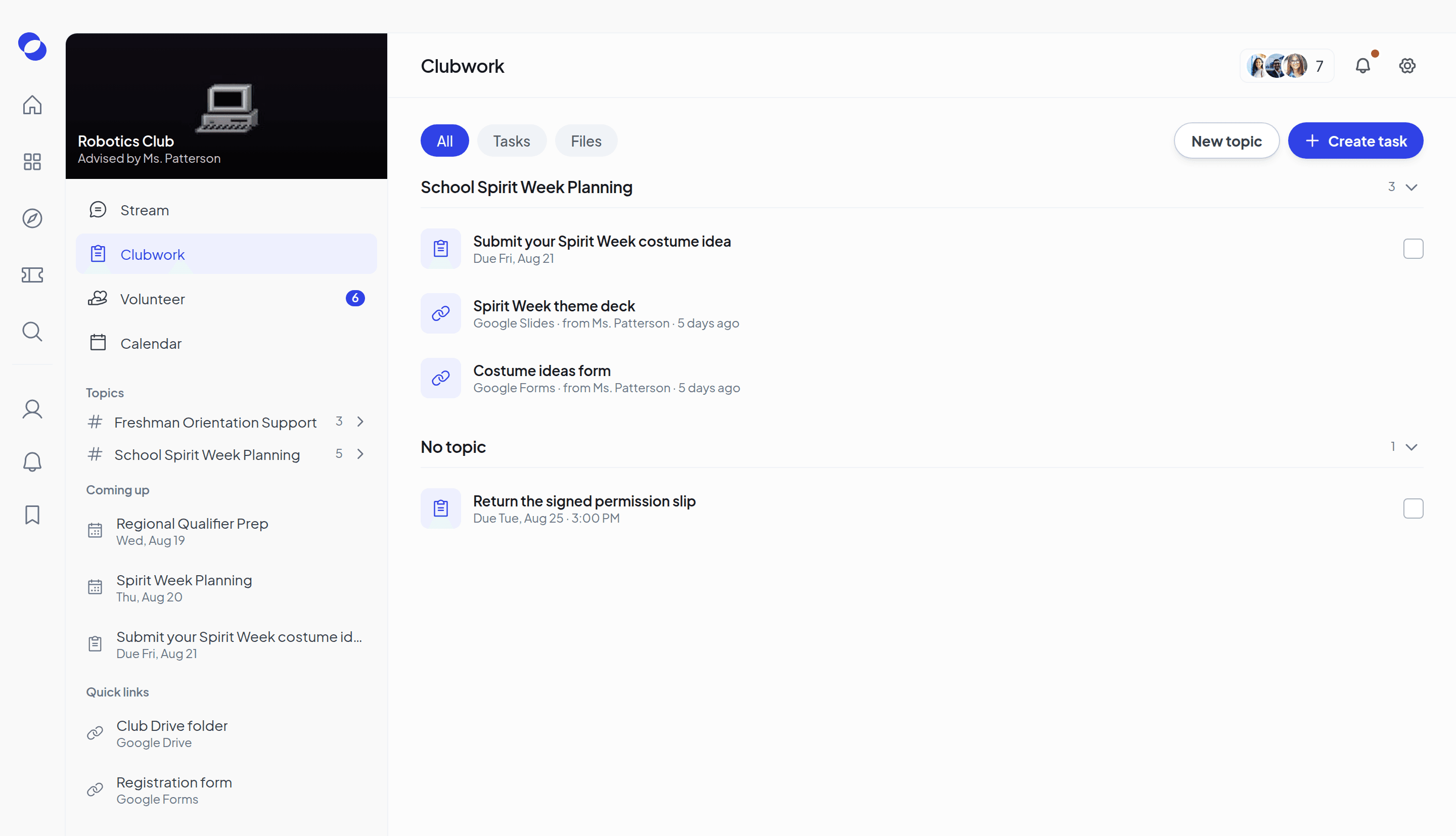 The Clubwork tab, with tasks and links for the club