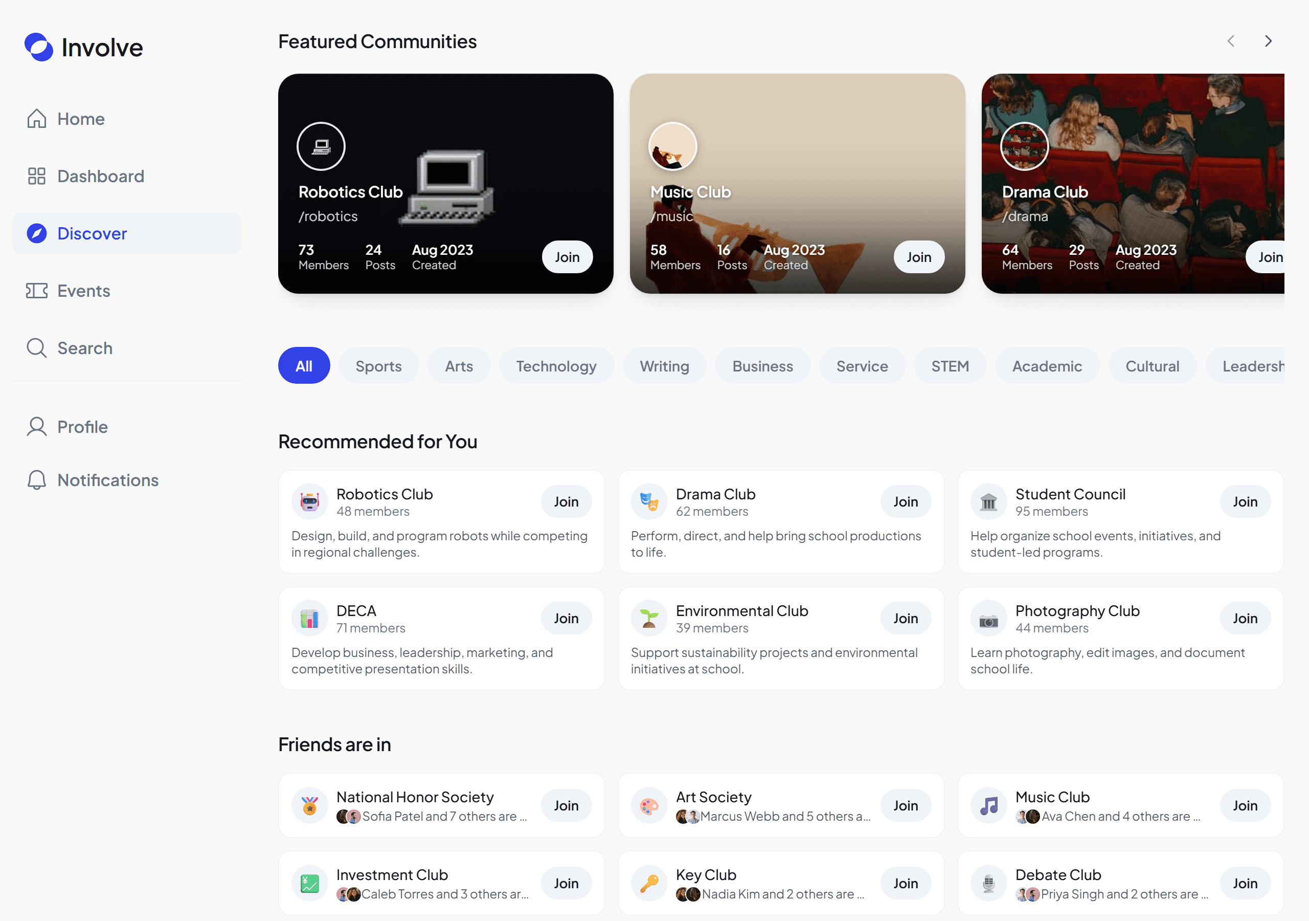 Involve Discover screen with category filters and featured communities