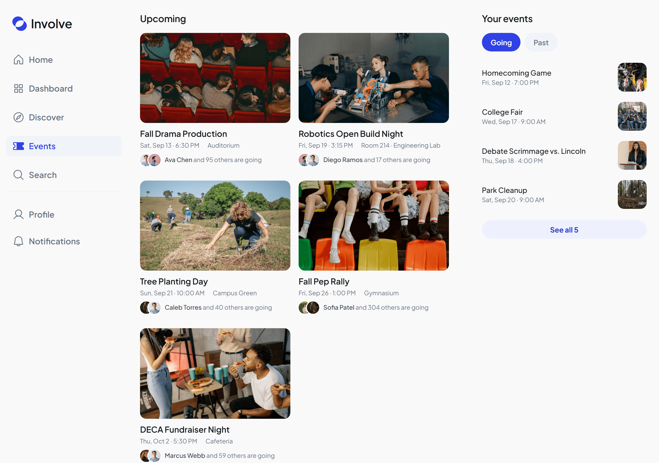 Involve Events screen with upcoming events and a Your events list