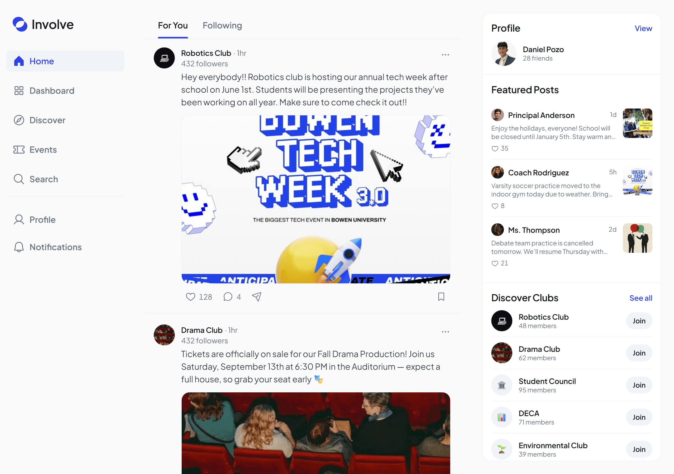 Involve Home feed with posts from Robotics Club and Drama Club